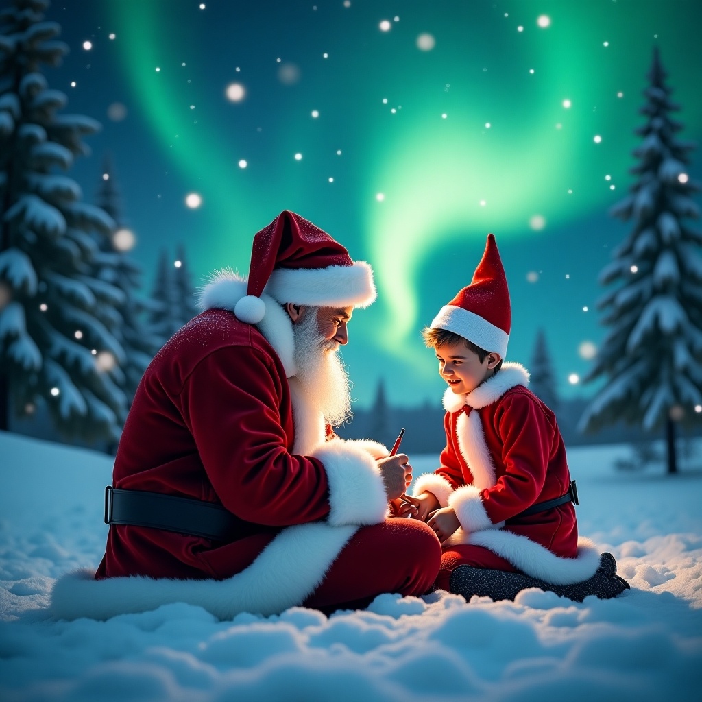 This image depicts Santa Claus and an elf from the popular 'Elf on the Shelf' tradition seated together in a snowy landscape. They are surrounded by a beautiful display of the northern lights illuminating the night sky. Santa is writing something while looking at the elf, who has an eager expression. The snowy ground reflects the soft colors of the aurora borealis, creating a magical atmosphere. The scene captures the spirit of Christmas and celebration, ideal for holiday-themed content.