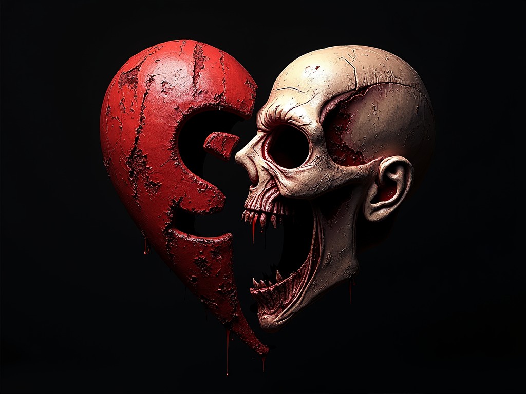 This striking image features a detailed, textured depiction of a split heart with one half resembling a red, roughened surface and the other half a screaming skull. The skull and heart are intricately fused, each showing signs of decay. The image is set against a dark, shadowy background that adds to the dramatic tension.