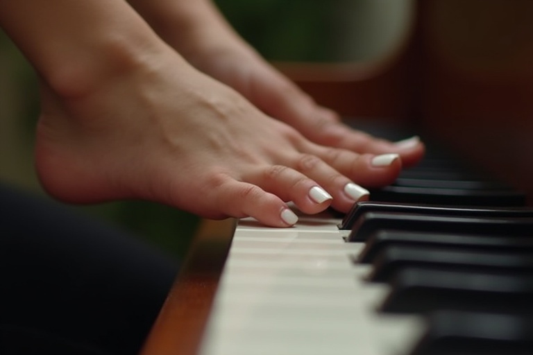 A woman has white toenail polish on her feet. Feet are positioned over piano keys. The image shows a side view. The connection between feet and piano is elegant. Hands are not visible.