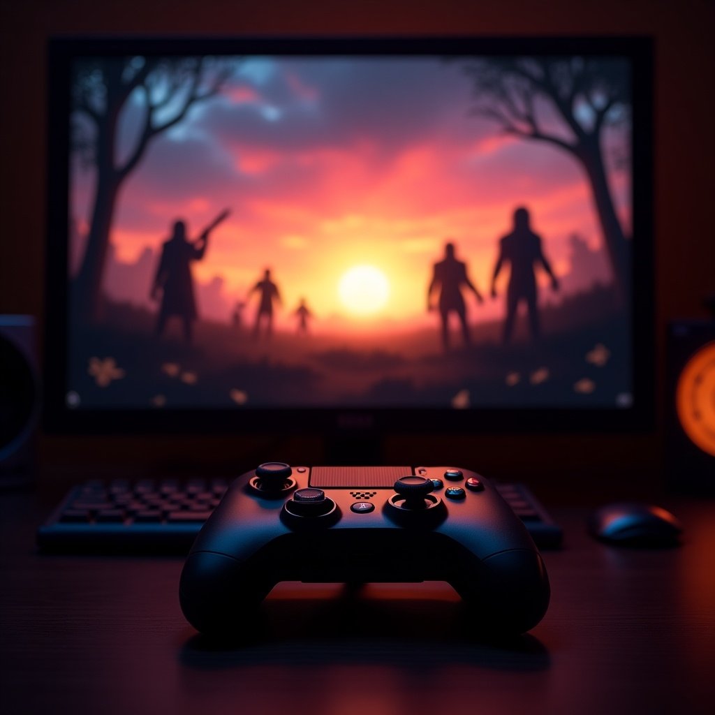 A video game controller rests on a desk in front of a computer screen displaying a colorful sunset scene, surrounded by dark silhouettes. The scene hints at a horror theme, with shadows that evoke tension. The warm colors of the sunset contrast with the eerie silhouettes, creating a captivating visual. The desk is dimly lit, enhancing the mysterious atmosphere. The setup invites viewers into the immersive world of gaming, blending elements of adventure and horror.