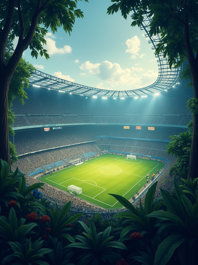 A stadium surrounded by a jungle environment. A vibrant soccer field is visible with fans in the stands. Natural elements blend with the sports atmosphere.