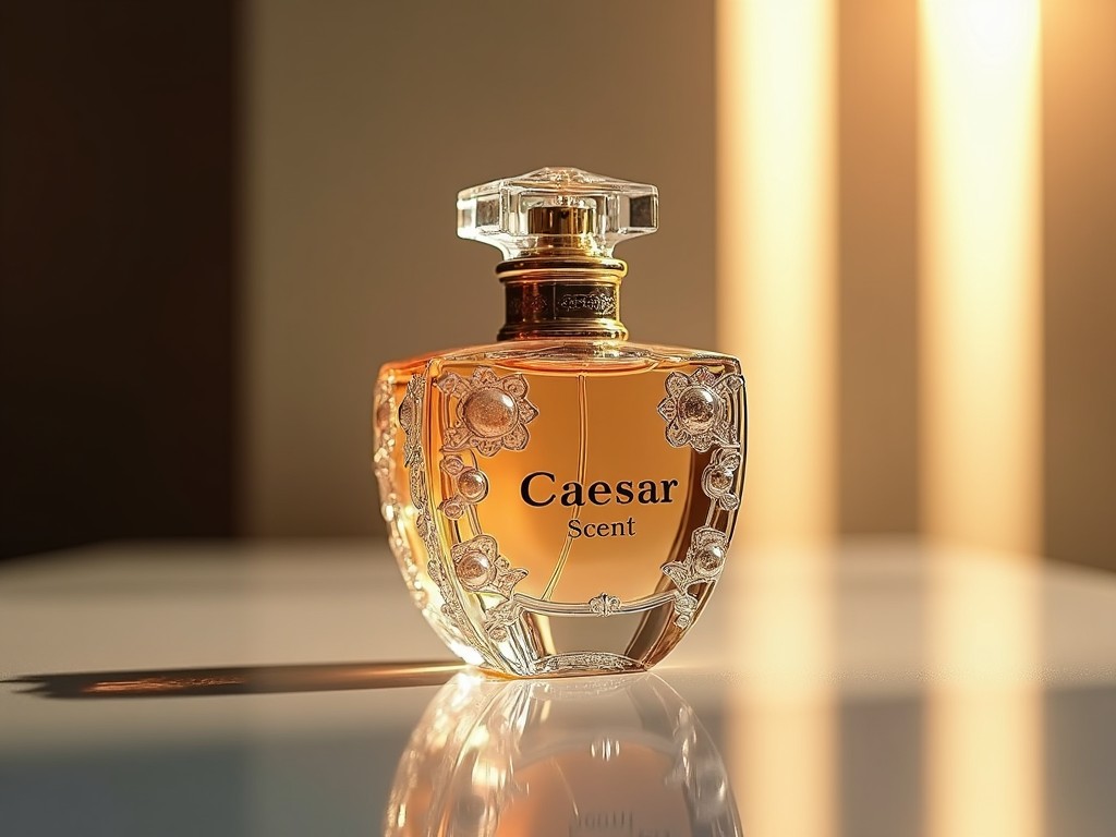 A luxurious perfume bottle named 'Caesar Scent', designed with intricate floral engravings, placed on a smooth reflective surface, with warm, dramatic lighting illuminating the scene.