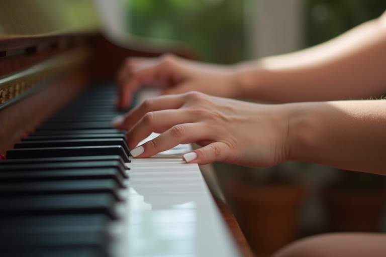 Close-up of young woman's hands over piano keys. Soft natural light enhances details. Focus on the act of playing. Captures the emotion of music creation.