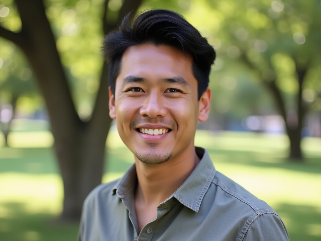 A smiling Asian male stands outdoors in a park. He has a friendly demeanor and exudes positive energy. The background is filled with lush greenery, creating a serene atmosphere. The photo captures a moment of joy and confidence, highlighting the beauty of diversity. He is wearing a casual button-up shirt, which adds to his relaxed appearance. The natural lighting enhances the overall warmth of the image, making it inviting for viewers.