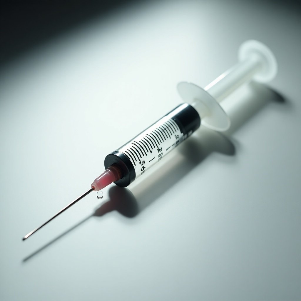 Close-up view of a syringe with a needle. Syringe filled with liquid. Droplet of liquid visible at the needle's tip. Measurement markings on syringe. Neutral background casts shadow. Highlights syringes' significance in medical settings. Dramatic light. Reportage photography.