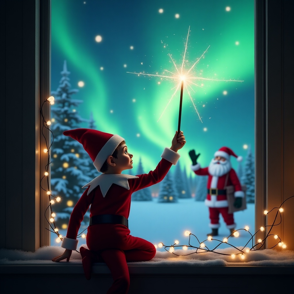 The image features an elf on the shelf with its back to the viewer, gazing in awe at the magical sky. The elf is using a shimmering wand to create a sparkling effect that writes 'Vincent' in the sky. The backdrop is enchanting, showcasing a snowy landscape illuminated by vibrant northern lights. In the distance, Santa Claus waves cheerfully, adding to the festive atmosphere. The scene is surrounded by twinkling fairy lights, enhancing the magical feel of Christmas.