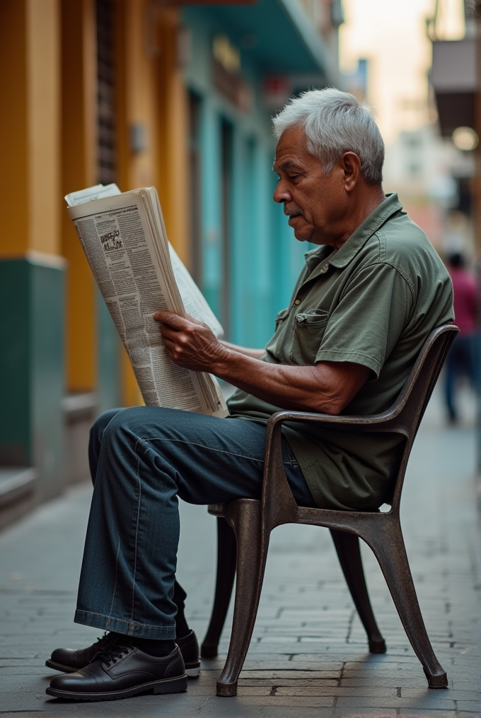 An elderly man sits on a chair in a narrow street, deeply engaged in reading a newspaper.