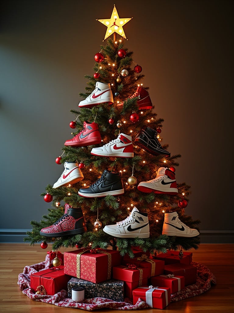 A Christmas tree decorated with various Jordan sneakers. The tree is adorned with red ornaments and golden lights. Presents are placed at the base. The sneakers are prominently displayed on the branches.