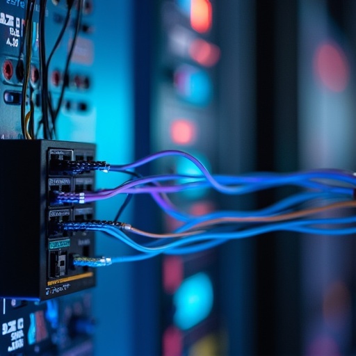 Close-up view of network cables connected to an installation box. Soft LED lights illuminate the background. The focus is on the cables and installation interface.