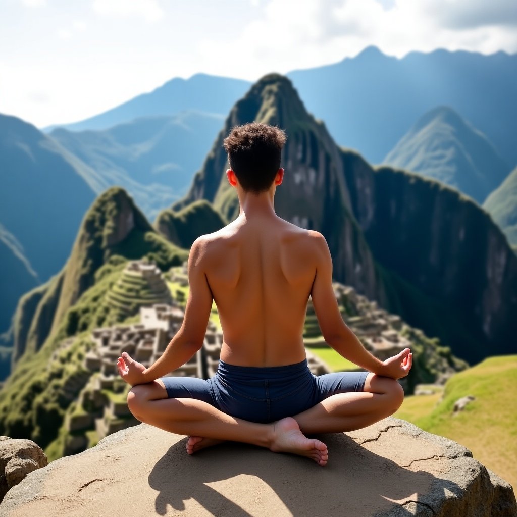 A fit, active young person sits meditating on a rock at the iconic Machu Picchu site, surrounded by dramatic mountains. The scene captures the tranquility of meditation against a breathtaking natural backdrop. The individual is seen from behind, emphasizing their posture and serenity. The lush greenery and ancient ruins of Machu Picchu add to the ambiance. Sunlight enhances the stunning colors of the landscape, creating a peaceful atmosphere for reflection.