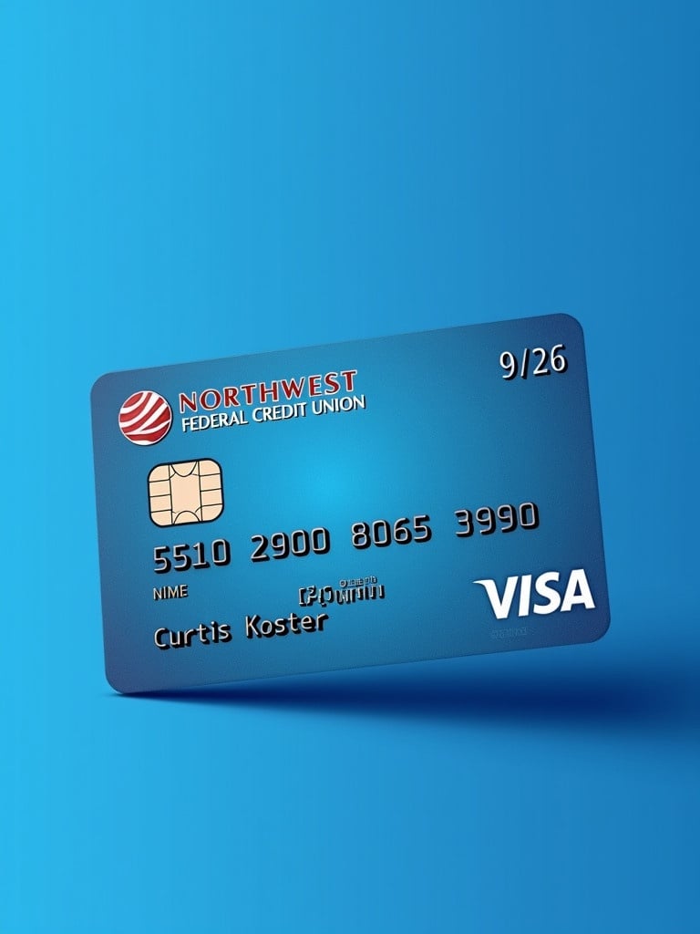 Realistic image of a credit card shows Visa logo and Northwest Federal Credit Union. Card number 5510 2900 8065 3990 is visible. Name Curtis Koster is presented clearly. Expiry date 09/26 is displayed. Blue background enhances clean appearance.