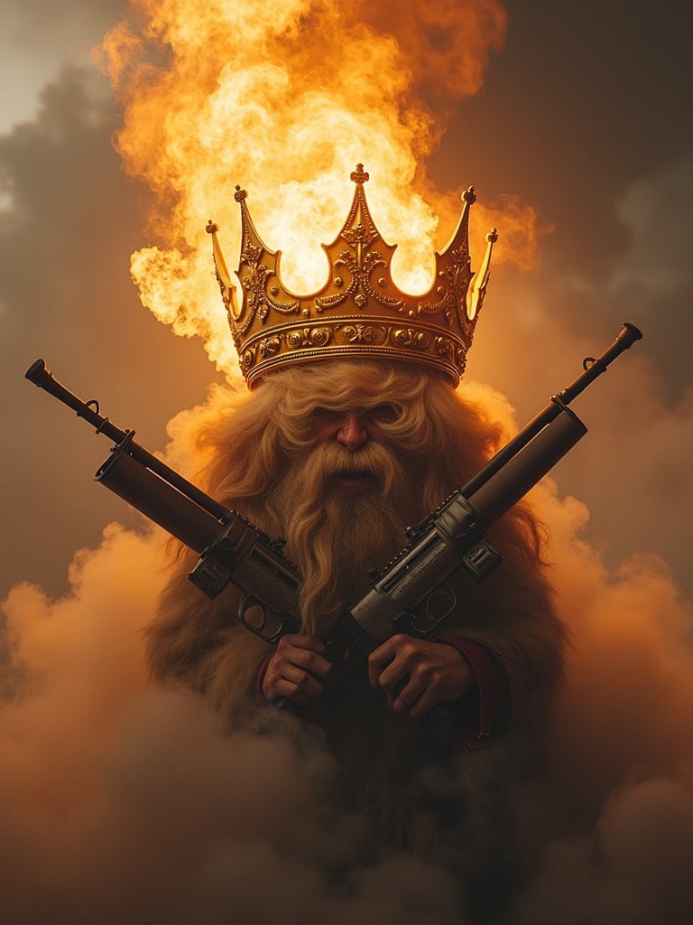 A big golden crown sits atop a figure wielding rifles. Smoke billows from the weapons and focuses on conveying the word 'fool'. The scene is filled with dramatic lighting and intense colors creating a strong visual impact.