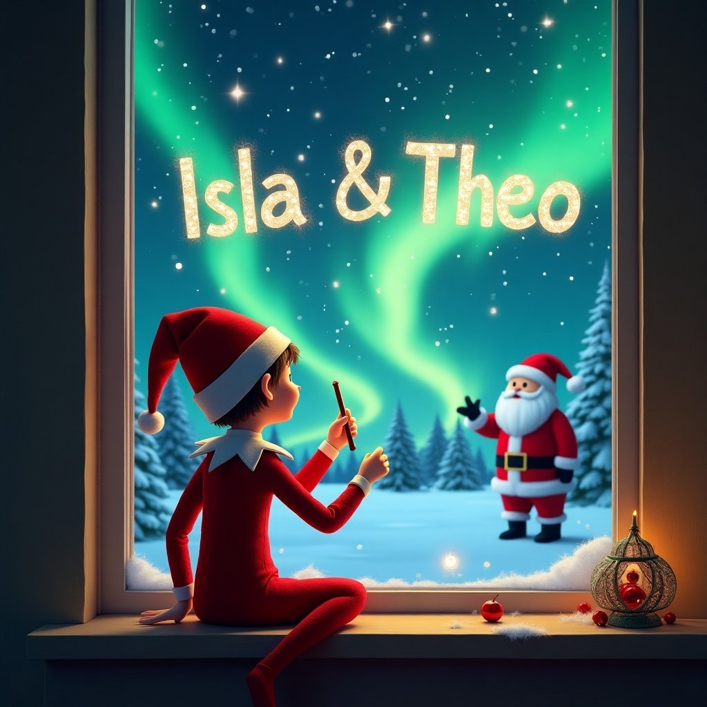 This image portrays a delightful scene of an elf on a shelf by a window during the Christmas season. The elf is dressed in a vibrant red costume and sits with its back to the viewer, showcasing its whimsical nature. With a magic wand, the elf writes the names 'Isla & Theo' in the night sky, adding a personal touch to the festive atmosphere. Outside the window, breathtaking northern lights create a stunning backdrop, and in the distance, Santa Claus can be seen, enhancing the magical essence of the scene. The whole composition embodies the enchantment and joy of Christmas time.