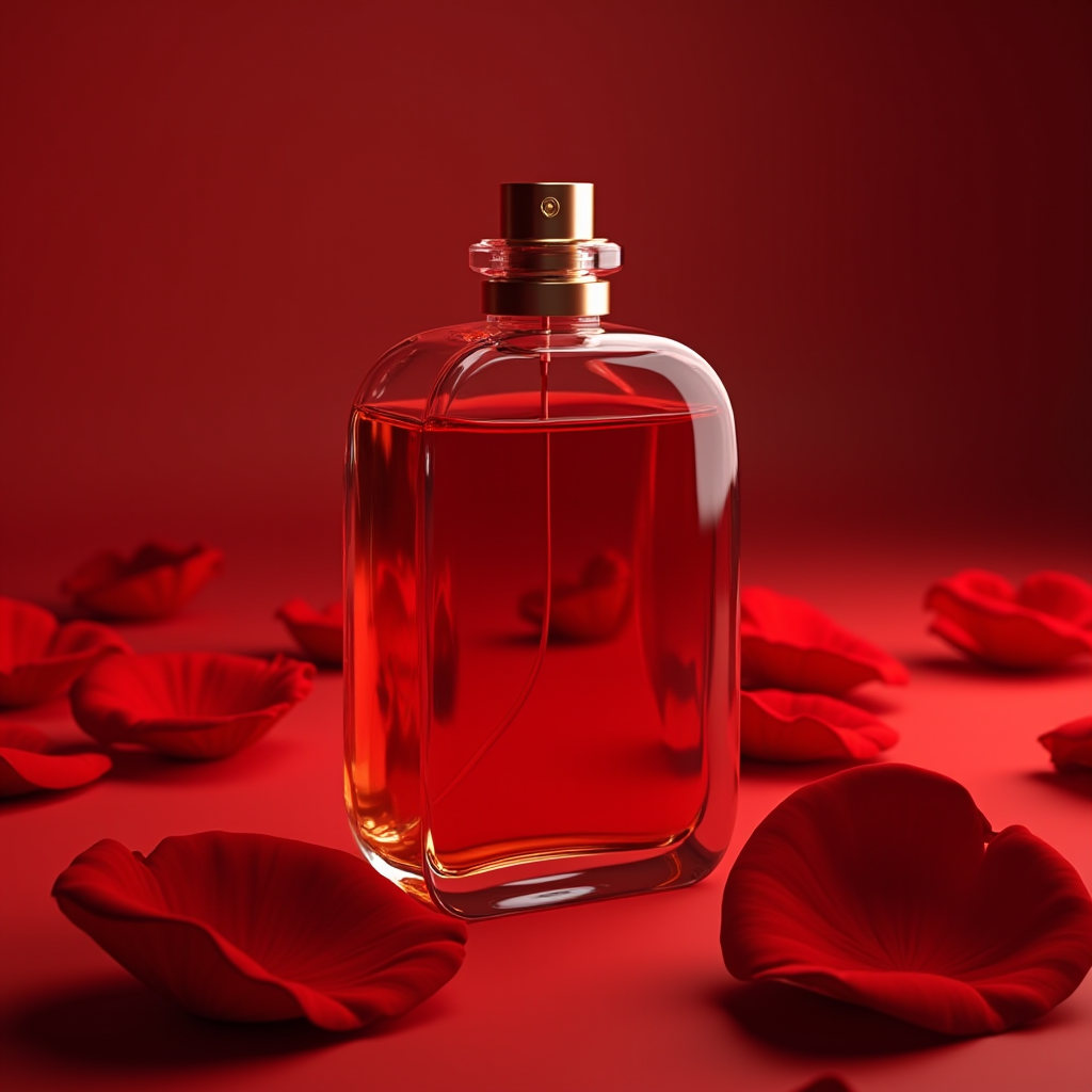 A red perfume bottle surrounded by rose petals on a matching deep red background.