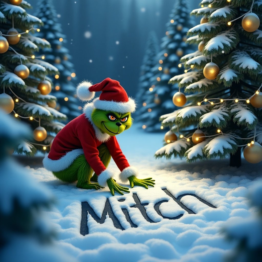 Grinch writing name Mitch in snow outside with Christmas trees decorated with lights