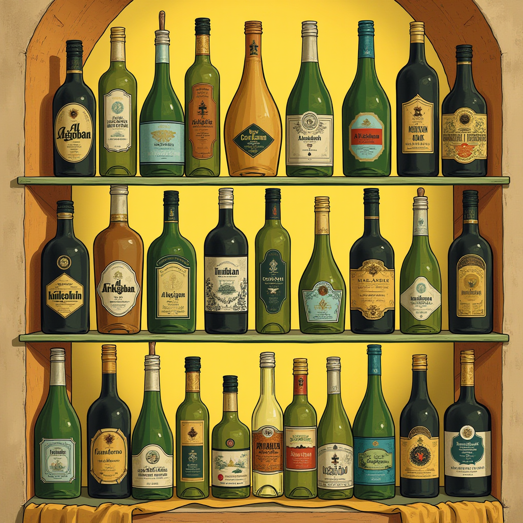 A collection of vintage and diverse spirit bottles displayed on wooden shelves.