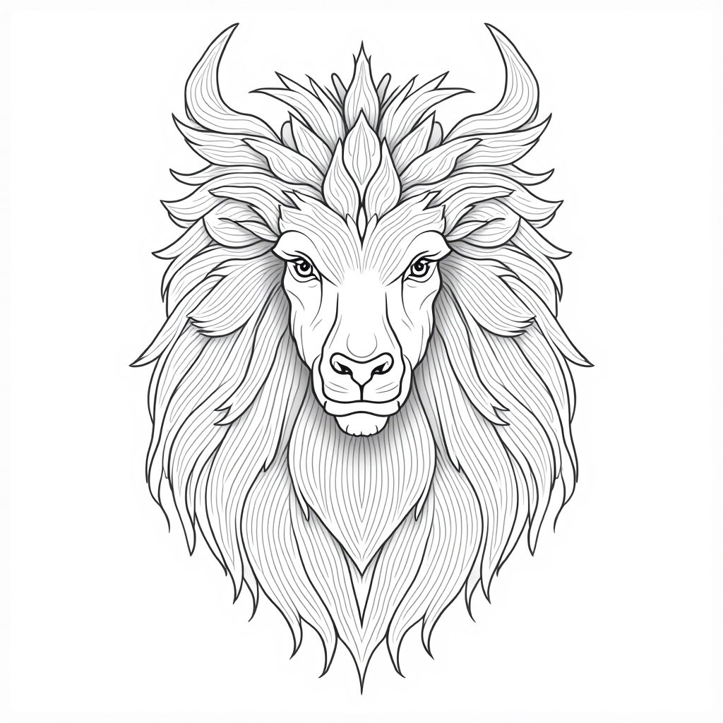 Black and white outline art of a lion's face with intricate details. Lion features prominent curls and flowing mane.