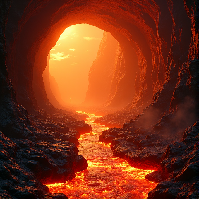 A glowing river of lava flows through a dark rocky cave, illuminated by a bright light at the tunnel's end.