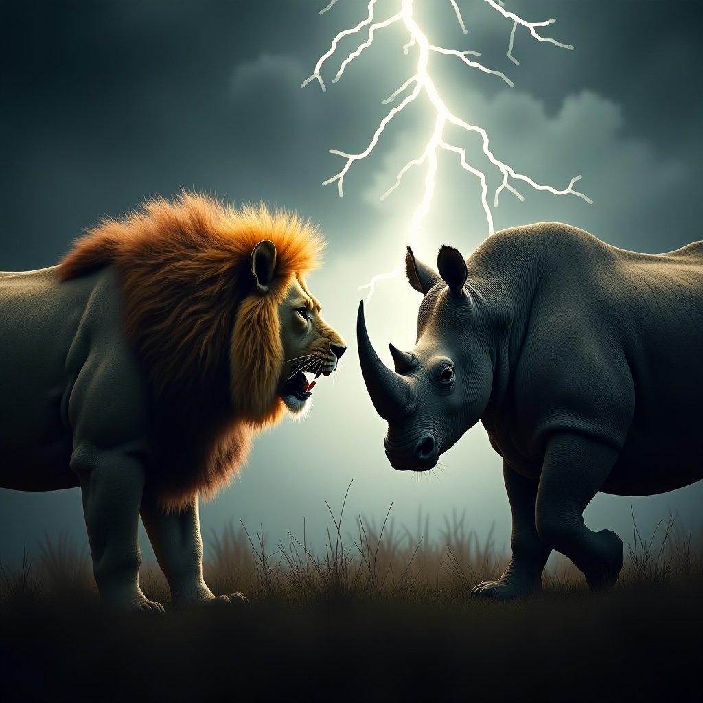 Image features a lion and a rhino facing each other with fierce expressions. Lion has a majestic glowing gold mane. Rhino emphasizes its large frame and horn. Background is stormy with dark clouds and lightning. The scene conveys tension and power.