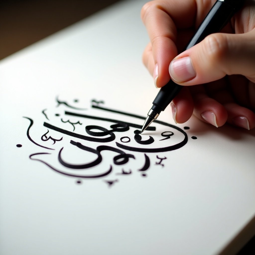 Close-up of a hand writing Arabic calligraphy. Bold black ink used on white surface. Smooth strokes and detailed flourishes are visible. Soft lighting enhances the artwork.