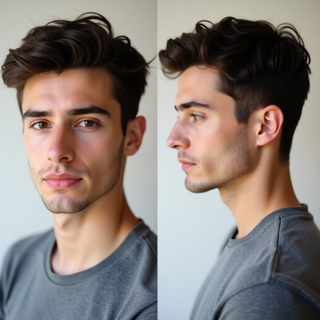 A young handsome man with dark brown hair is shown in front and side profiles against a neutral backdrop.