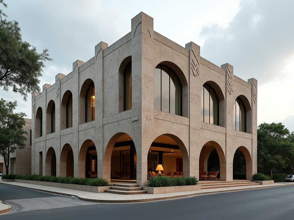 The image features a modern building with an art deco facade characterized by ornate details and geometric forms. The structure has art deco windows that enhance its stylistic appeal, showcasing a blend of elegance and functionality. The facade is adorned with laterite stone cladding, giving it a unique texture and color. The building is positioned on stilts, which creates an open ground floor area with a curtain wall that allows natural light to enter. Surrounding the building is a road beside it, complemented by landscaping that includes trees, all under a cloudy sky.