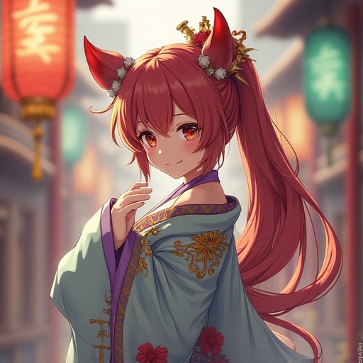 A young woman showcases spring fashion in a vibrant, culturally inspired outfit against a backdrop of lanterns. The scene captures the essence of a festive atmosphere celebrating heritage and style.