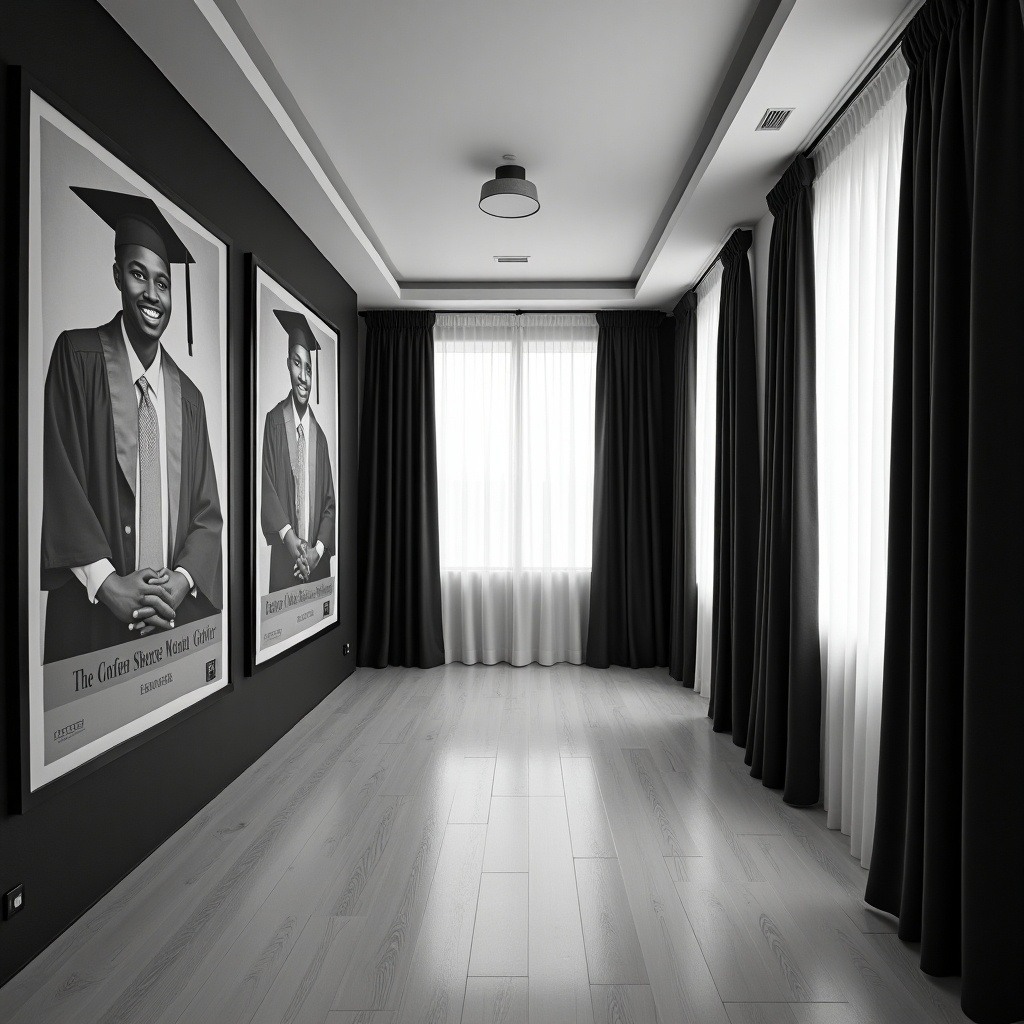 The image depicts a minimalist room featuring large, floor-to-ceiling black and white photographs of African American graduates. Each side of the room showcases a different portrait, emphasizing their achievements in education. The room is adorned with black and white drapes that elegantly frame the windows. Soft natural light filters through the curtains, creating a serene atmosphere. This space is perfect for celebrating academic milestones or as an inspiring backdrop for events. The contemporary design enhances the focus on the portraits, making them the central feature of the room.