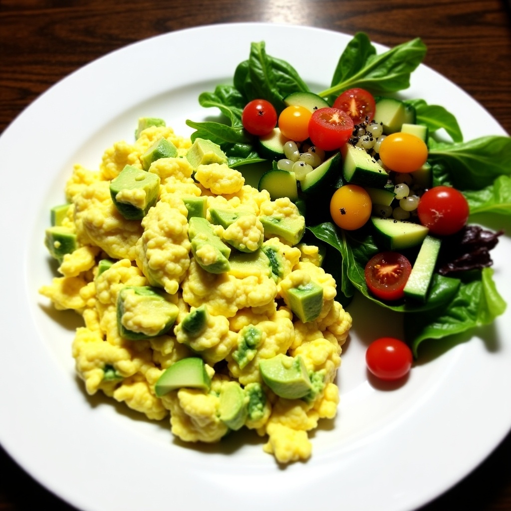 This image showcases a delicious plate of avocado scrambled eggs accompanied by a fresh salad. The scrambled eggs are fluffy and yellow, mixed with green avocado pieces for added nutrition and flavor. Beside it is a vibrant salad made of various colorful cherry tomatoes, cucumbers, and leafy greens. The meal appears healthy and appealing, perfect for a nourishing breakfast or lunch. The bright colors of the food are enhanced by the natural lighting, making it look even more appetizing.