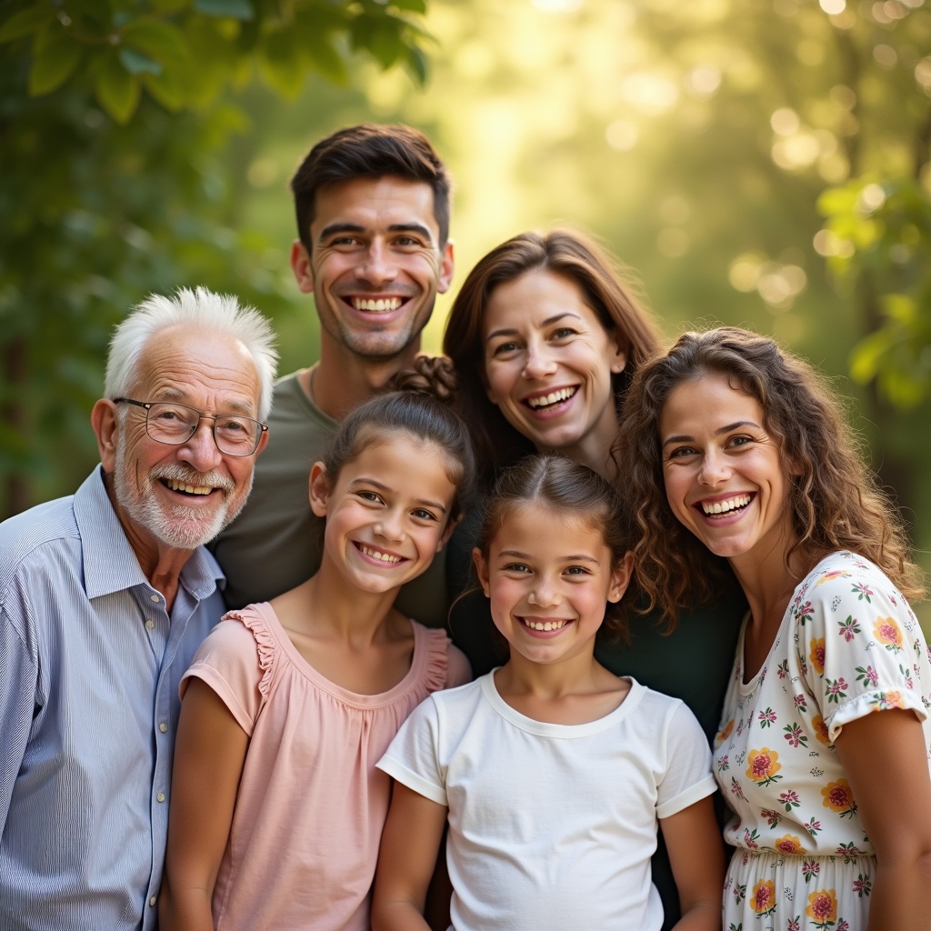 Families gather around in a joyful portrait settings outdoors. Six individuals show affection with smiles. Background includes lush green trees. Warm sunlight creates positive vibes and emphasizes happiness.