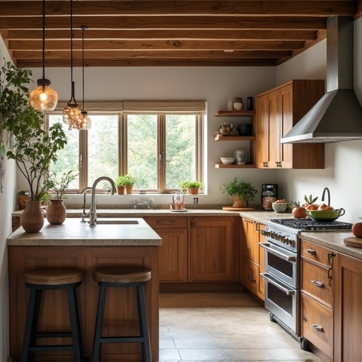 Modern kitchen with wooden cabinets. Open shelves filled with dishes. Island in the center with two stools. Natural light coming through the windows. Green plants on the counter. Cozy atmosphere.