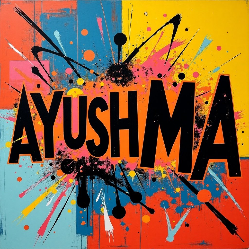 Pop art style design featuring the name 'AYUSHMA' in bold letters with vibrant color splashes.