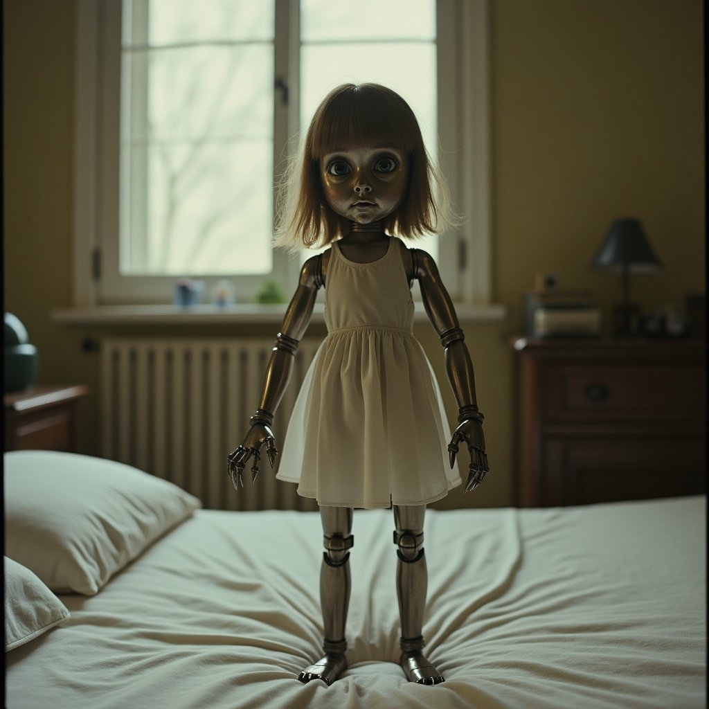 Image captured with an old camera phone. It shows a girl doll that is half robot with claws. The doll stands on a bed in a softly lit bedroom setting.