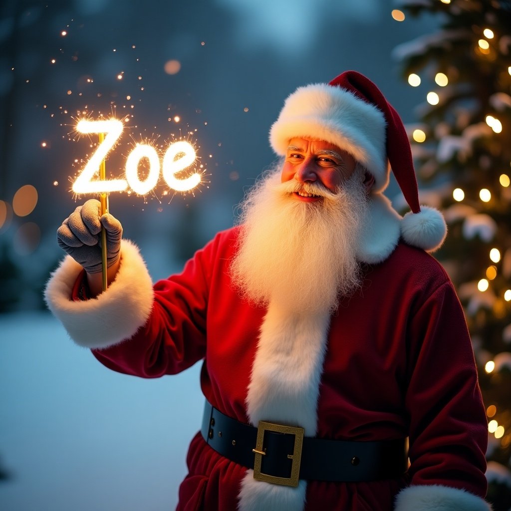 Snowy winter landscape with Santa Claus illuminated by soft warm lights. Jolly smile in classic red suit. Gloved hand holds glowing stick creating name 'Zoe' in the air. Background filled with shimmering Christmas lights. Captures essence of holiday cheer and personalization.