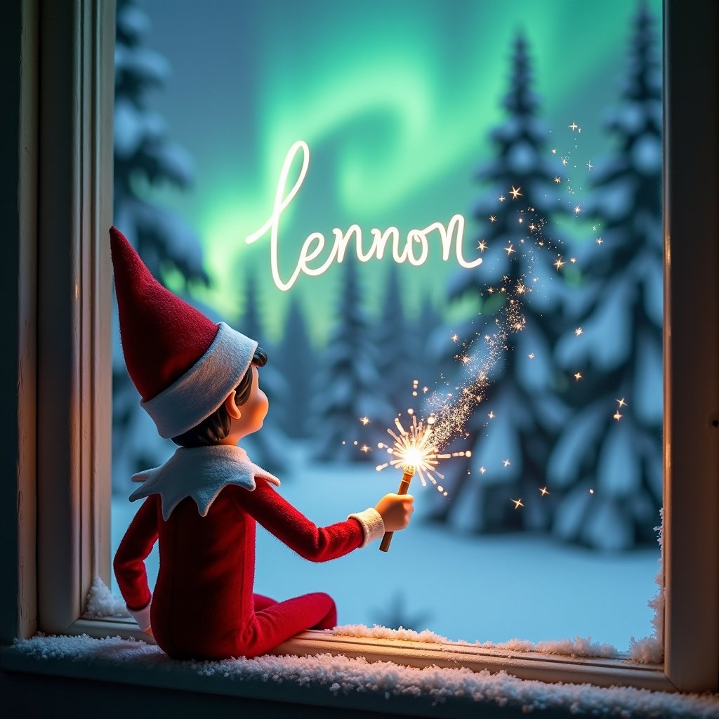 The image features an adorable elf on the shelf sitting on a window ledge, with his back turned to the viewer. He is using a magical wand to create twinkling sparks while looking up at a stunning display of northern lights. The background is set in a winter wonderland, filled with snow-covered pine trees, conjuring a festive holiday feel. Dressed in a vibrant red outfit with white trim, the elf embodies the Christmas spirit. The scene is illuminated by the enchanting colors of the aurora borealis, enhancing the magical ambiance. He is writing the name Lennon with his magic wand.