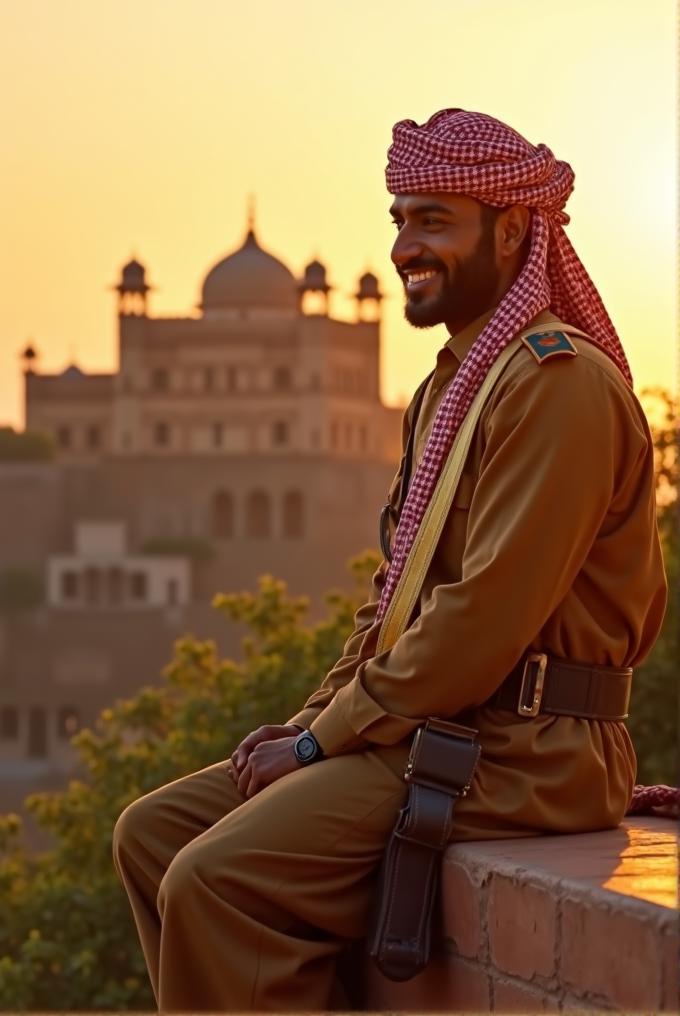 A smiling man in traditional attire sits on a ledge with a historic building in the background during a golden sunset.