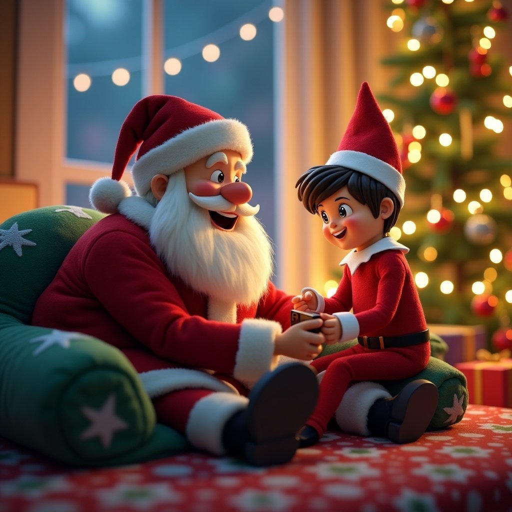 Father Christmas and an elf interact joyfully while playing a game. Christmas decorations adorn the background with warm lights. Cozy atmosphere with festive elements.