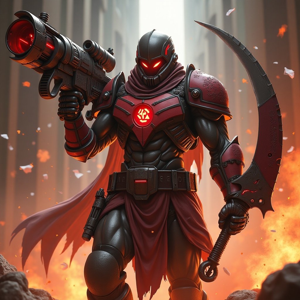 A robust character stands confidently in a fiery environment. The figure wields iconic weapons from the Doom series combined with Crescent Rose. Armor is dark with red accents, illuminated with a glowing emblem. The background features flames and debris, highlighting an intense atmosphere.