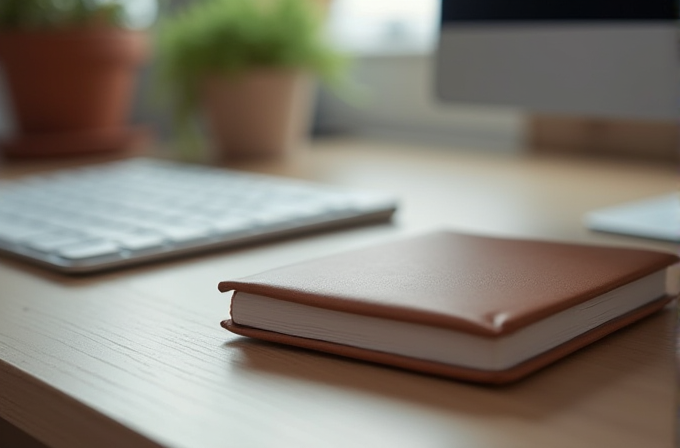 The image features a neatly arranged desk with a closed leather-bound notebook, a keyboard, and a blurred plant in the background.