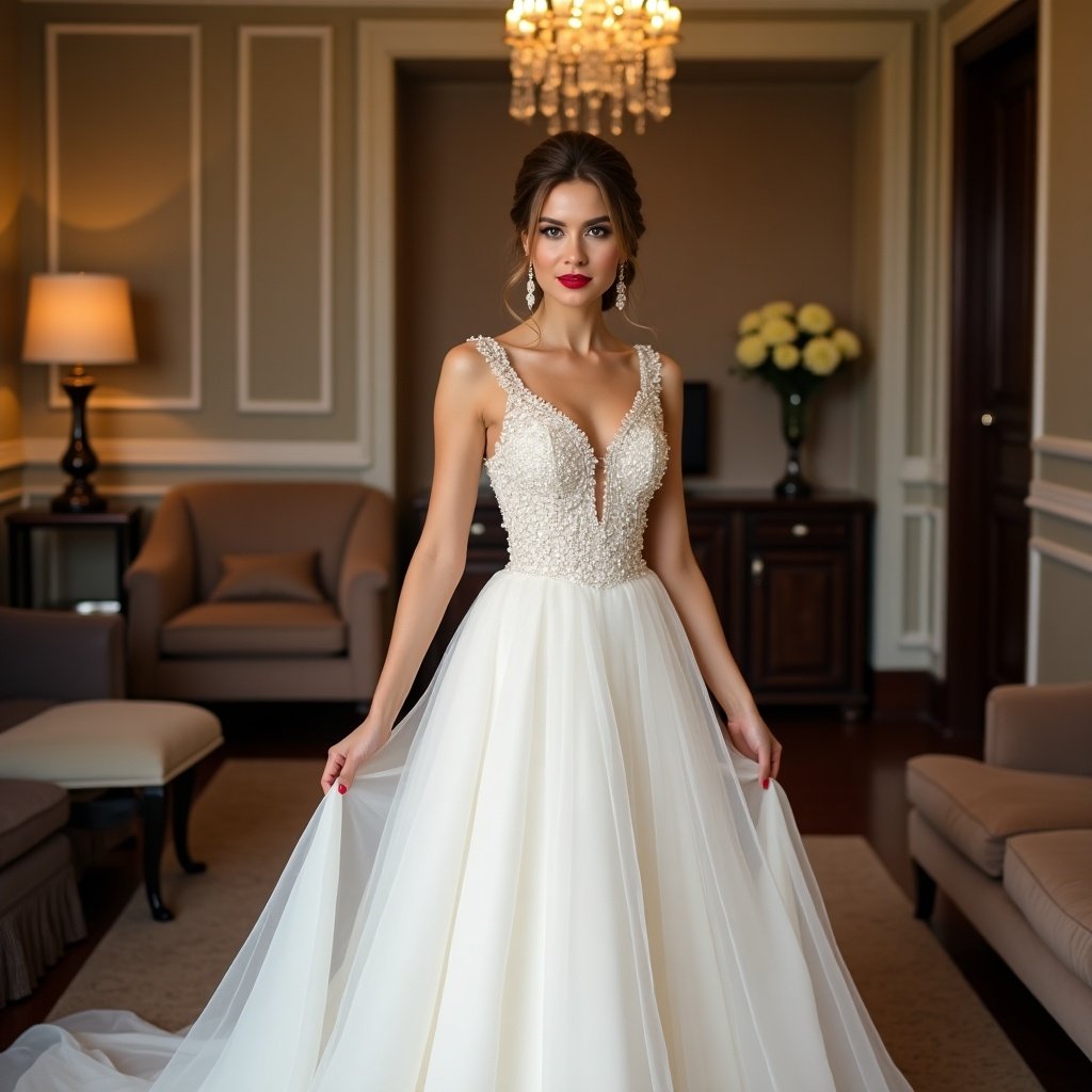 A woman stands in a luxurious room. She wears a stunning white gown with intricate beadwork and a flowing skirt. Her expression is confident and poised. Striking red lipstick and elegantly styled hair complement her look. Soft lighting enhances the delicate details of the dress and the sophisticated ambiance of the setting.