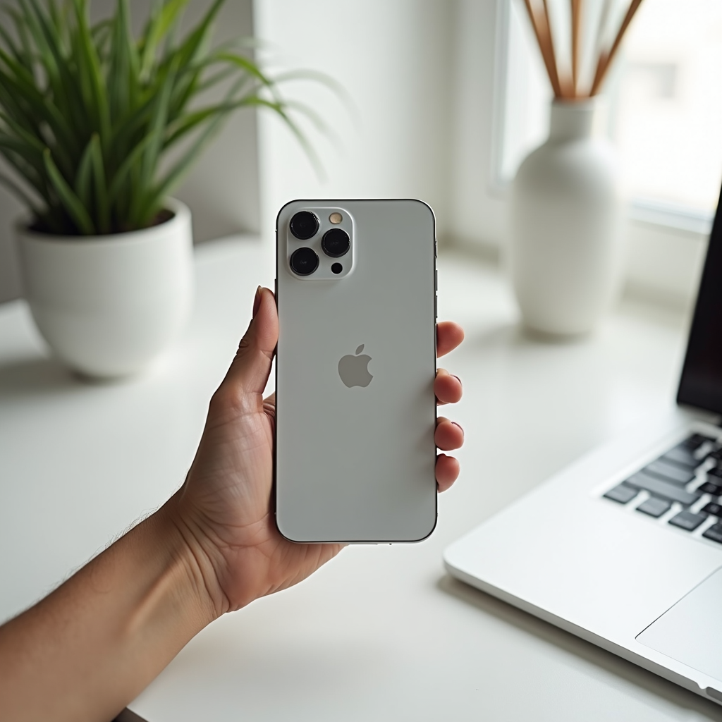 A hand holding a sleek, silver smartphone with a triple-camera setup, in a minimalist workspace.