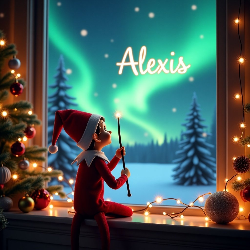 This image features an elf on the shelf with his back to the viewer, gazing up at the sky. The elf holds a wand, seemingly writing 'Alexis' in the sky. The backdrop showcases a beautiful, magical Christmas scene with vibrant Northern Lights and a decorated Christmas tree. The cozy room is adorned with twinkling lights and festive ornaments, enhancing the holiday spirit. Outside the window, snow-covered trees and a snowy landscape provide a serene winter atmosphere. This enchanting scene captures the essence of childhood magic and the joy of the holiday season.