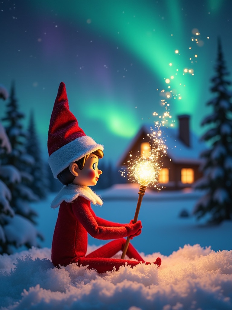 Elf sits on snow with back to viewer. Elf gazes at northern lights while holding glowing wand. Cozy house is visible in the distance. Snow covers the ground. Scene embodies Christmas magic and wonder. 'Merry Christmas Milan, Rodrigo, Angellee and Delilah' appears in the air from the wand.