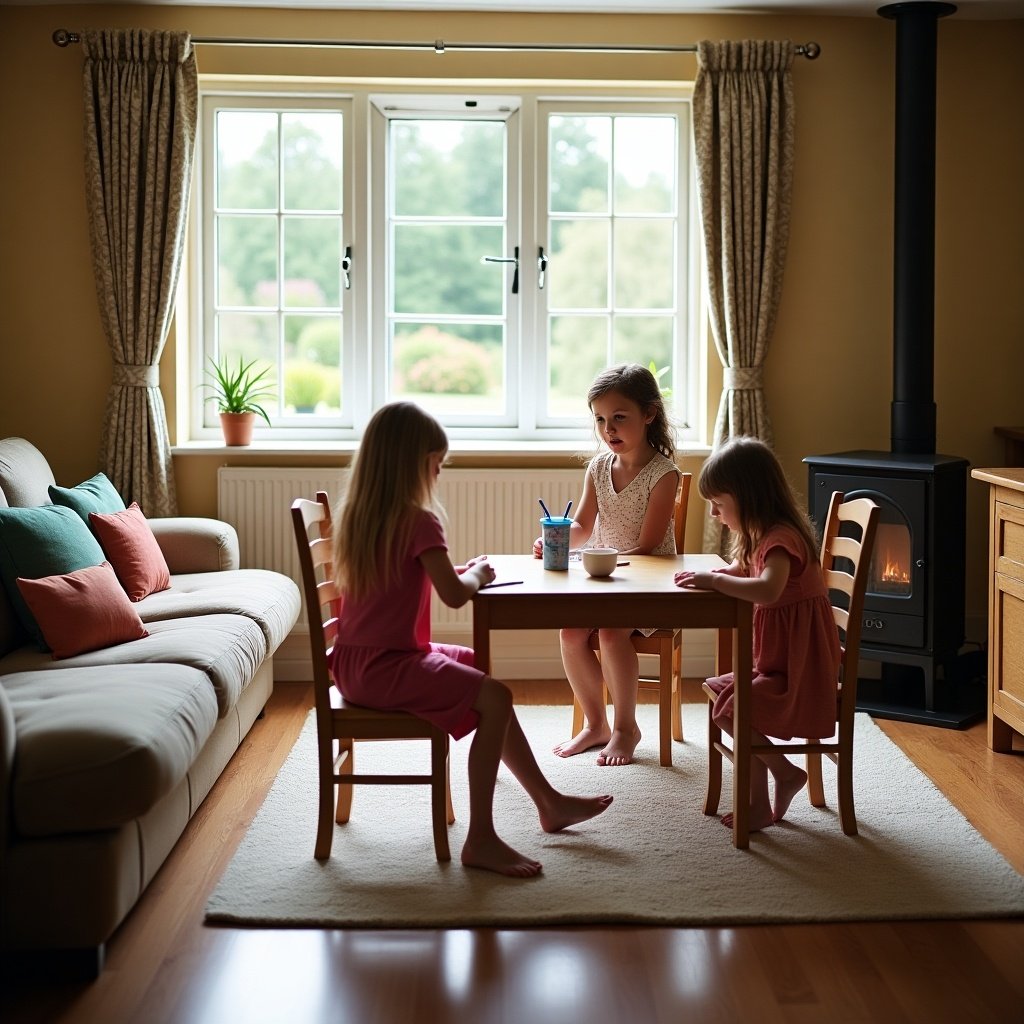 Weekend getaway for a family with grandchildren in a cozy country cottage atmosphere. A comfortable living room is shown with children engaging around a table. Natural light streams through large windows. Cozy and inviting decor suggests a family-friendly environment.