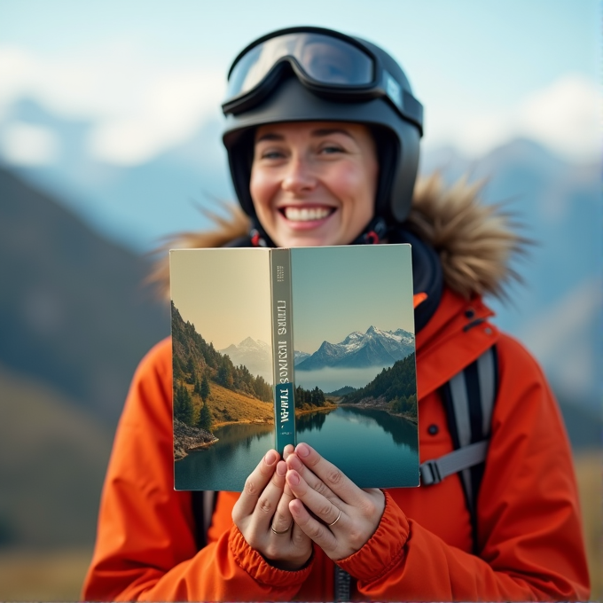 A person in a ski helmet holds a book with a serene mountain and lake scene on the cover, smiling against a backdrop of snowy peaks.