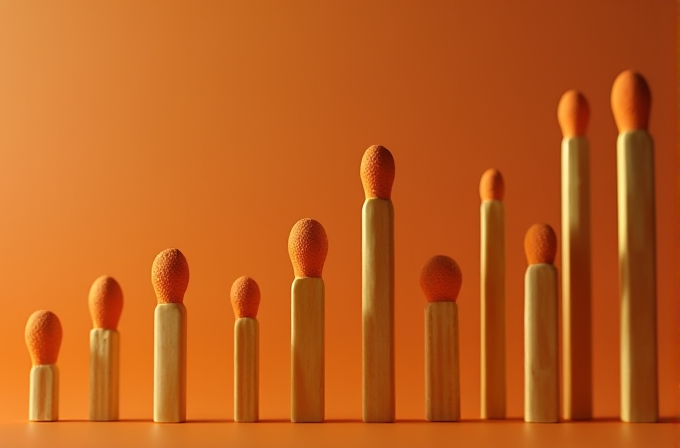 A row of giant wooden matchsticks with orange tips, increasing in height from left to right against an orange background.