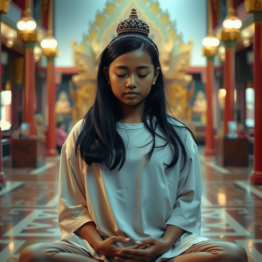 A young girl meditates peacefully inside a beautifully decorated temple.