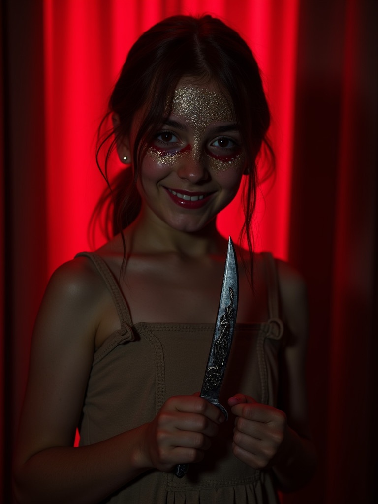 A young girl holds an ornate knife. The atmosphere is dramatic with red lighting. Curtains frame the scene. Focus is on the knife and the girl. Shadows and highlights create intrigue.