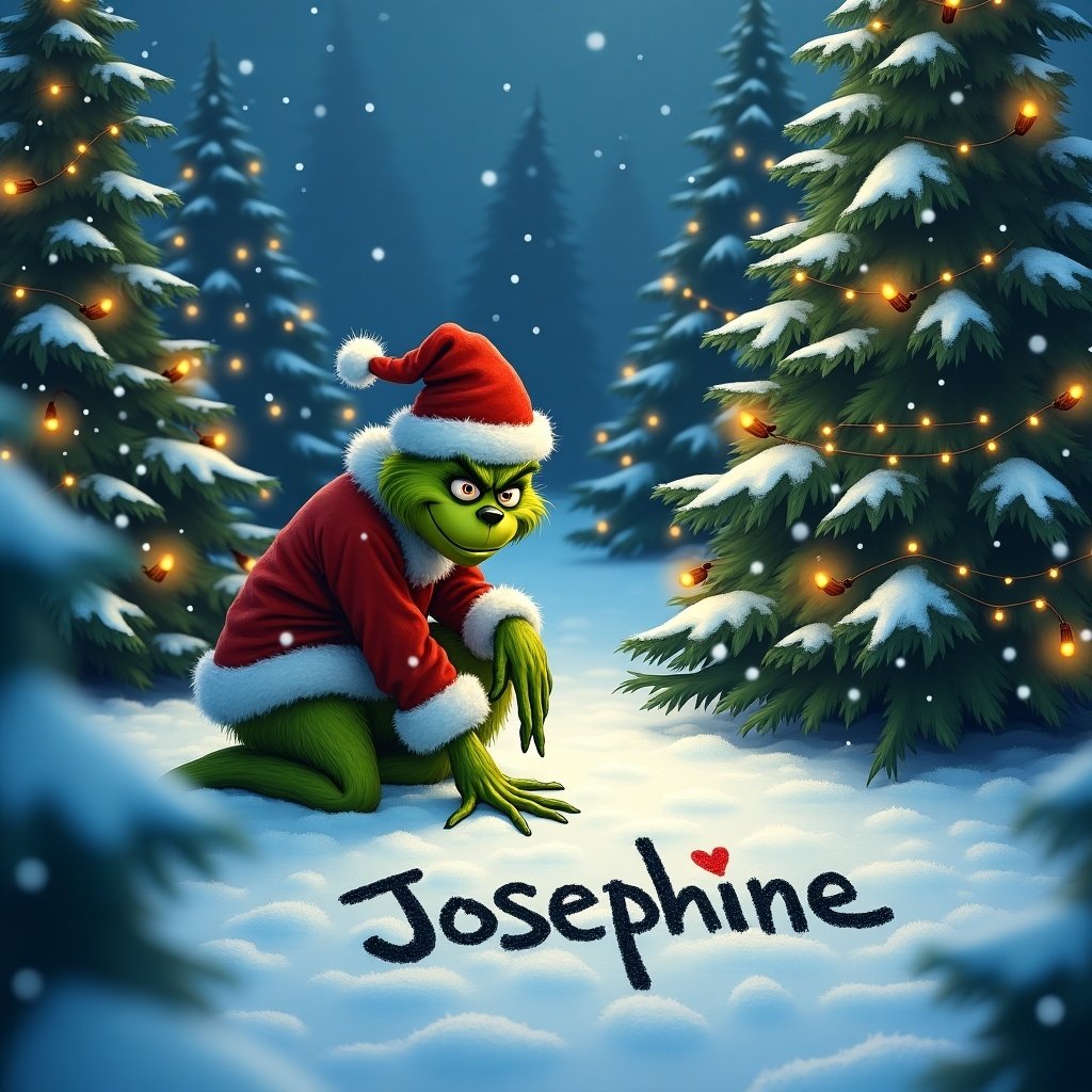 Grinch outside in the snow. Christmas trees surround him with lights. Grinch writes name Josephine in the snow.