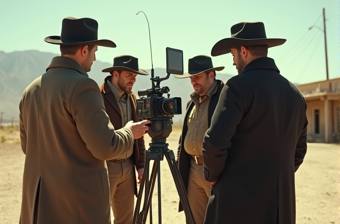 Four men dressed as cowboys collaborate around a film camera in a desert setting, suggesting a behind-the-scenes look at a movie production.